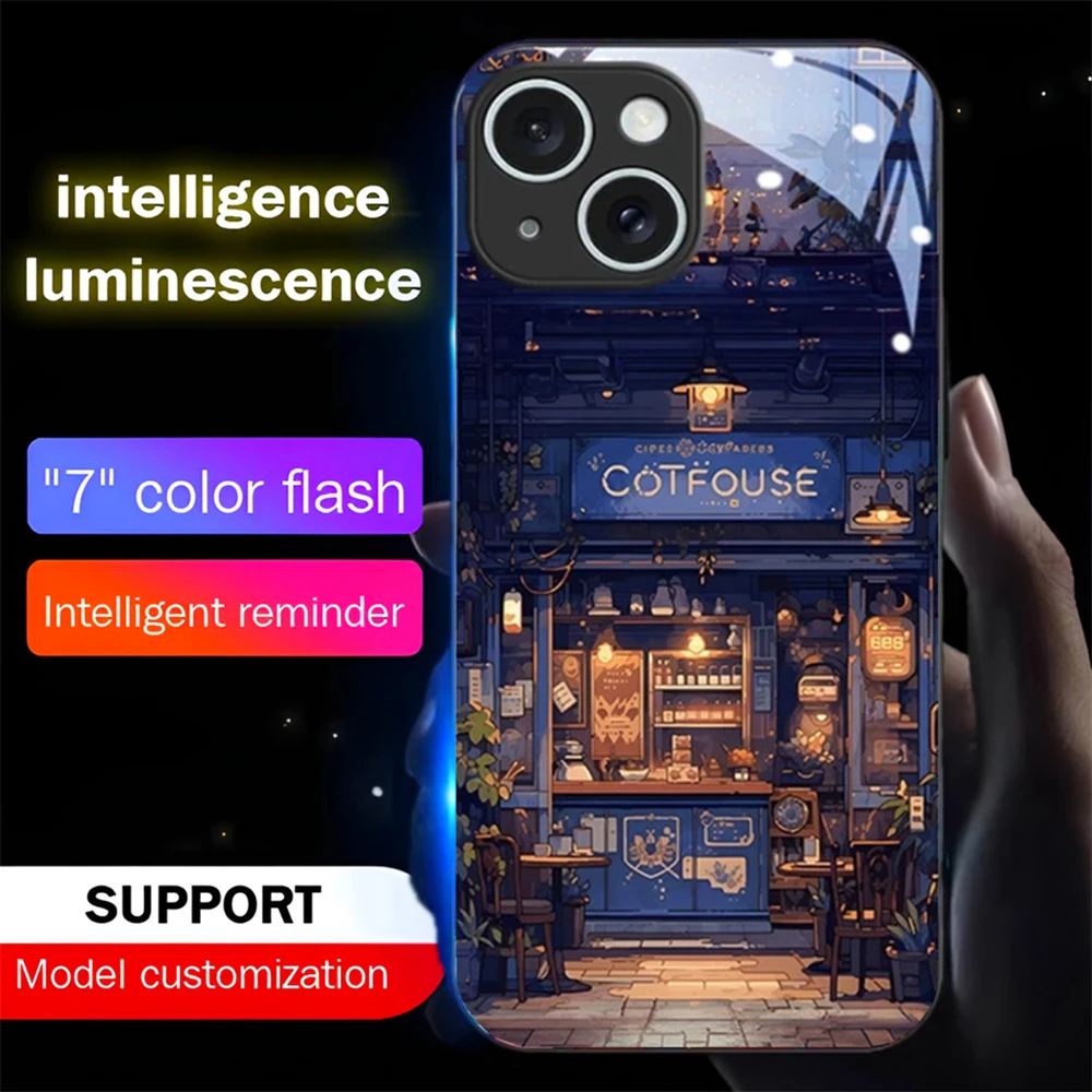

Summer Sunset Design Smart LED Light Glow Tempered Glass Phone Case For iPhone Air 17 E 16 E 15 14 13 12 11 Pro Max Plus