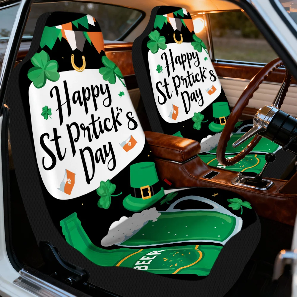 2pcs, Elegant St. Patricks Day Celebration Elements Irish Green Beer Print Front Seat Covers, Great Present For Friends With Car