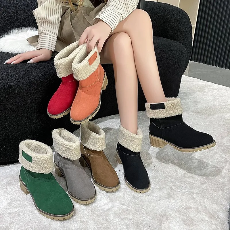 Botas de invierno cálidas para mujer, con tacón grueso y costuras decorativas, forradas de felpa, de gamuza, a media pantorrilla, modernas, para exteriores, antideslizantes, talla 43