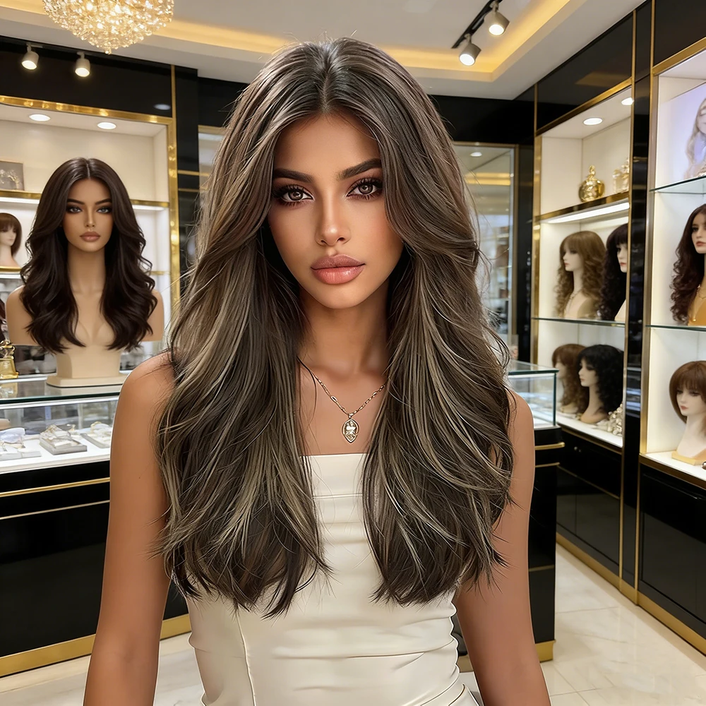 Ash Blonde Highlight Ombre Wig Shoulder Length Layered Wavy Natural Brown Grey High Temp Matte Synthetic Adjustable Cap For Wome