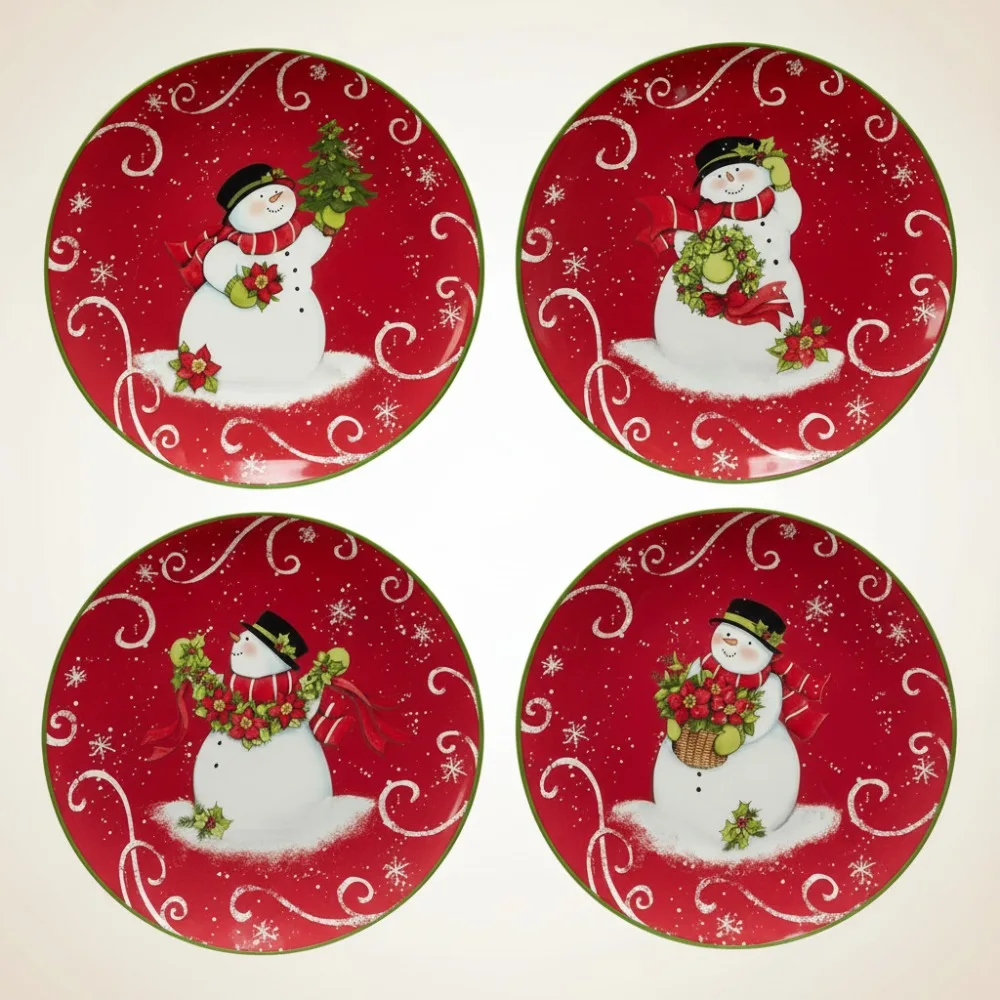 

Festive Snowman 9" Dessert Plates Set of 4, Durable Earthenware for Holiday Dining & Everyday Use