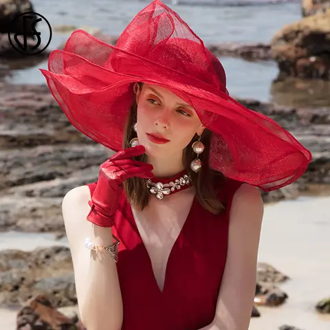 FS-레드 페도라 베이지 탑 모자, 여성용 웨딩 우아한 교회 켄터키 모자, 숙녀 영국 빅 와이드 브림 네이비 블루 여성용