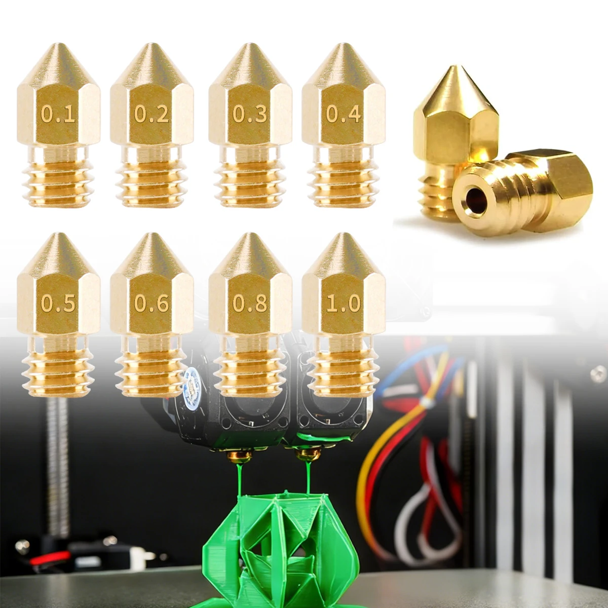 

Полный комплект из 8 латунных сопел для 3D-принтера, 0,1–1,0 мм – резьба M6 для филамента 1,75 мм, подходит для большинства FDM-принтеров