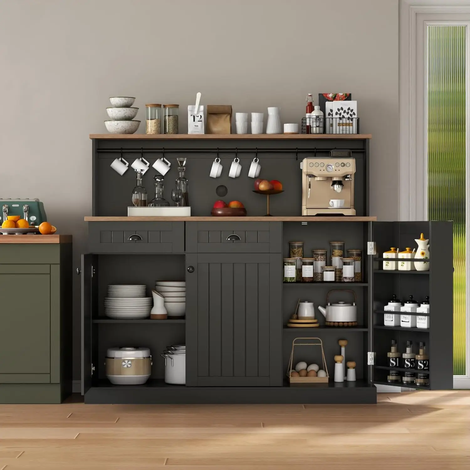 Шкаф-буфет с 2 ящиками, кухонная кладовая в фермерском доме с регулируемыми полками, шкаф-шкаф для кофе-бара с 3 цветами