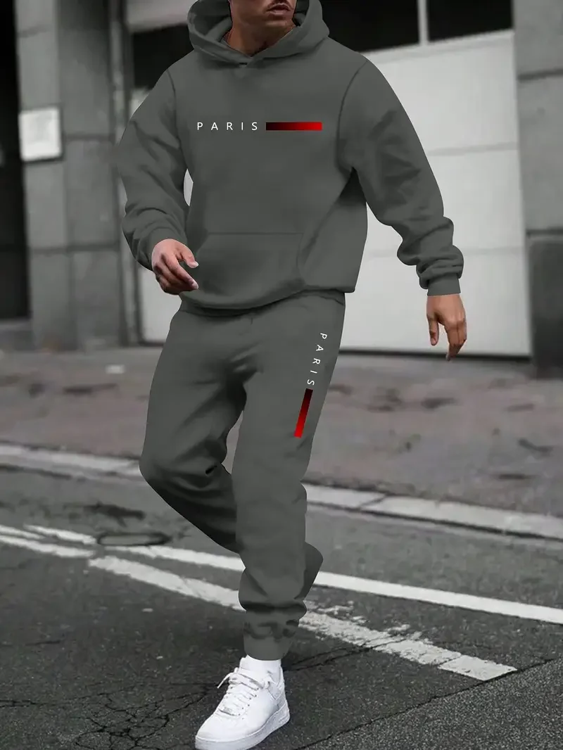Men's casual 2-piece set: Comfortable long sleeved round neck T-shirt and drawstring sweatpants - the perfect choice for autumn