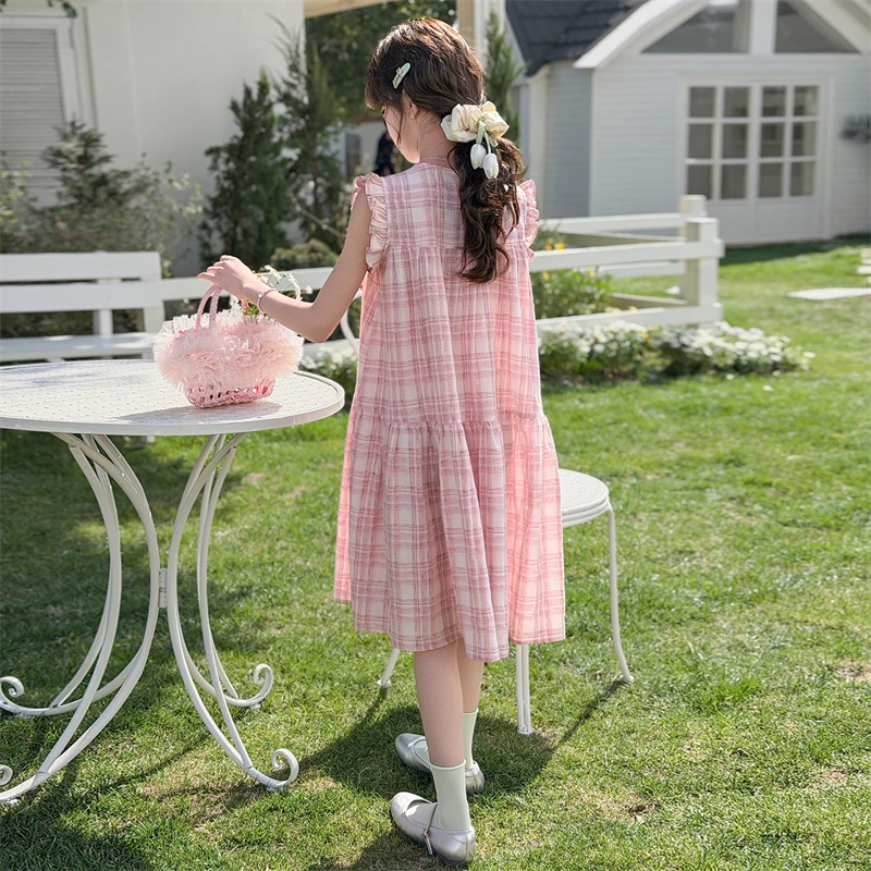 Girls Dress Summer Sweet Cute Pink Plaid Sleeveless Dress A Line Children Clothes 2026 Garden Versatile Loose Comfortable 3