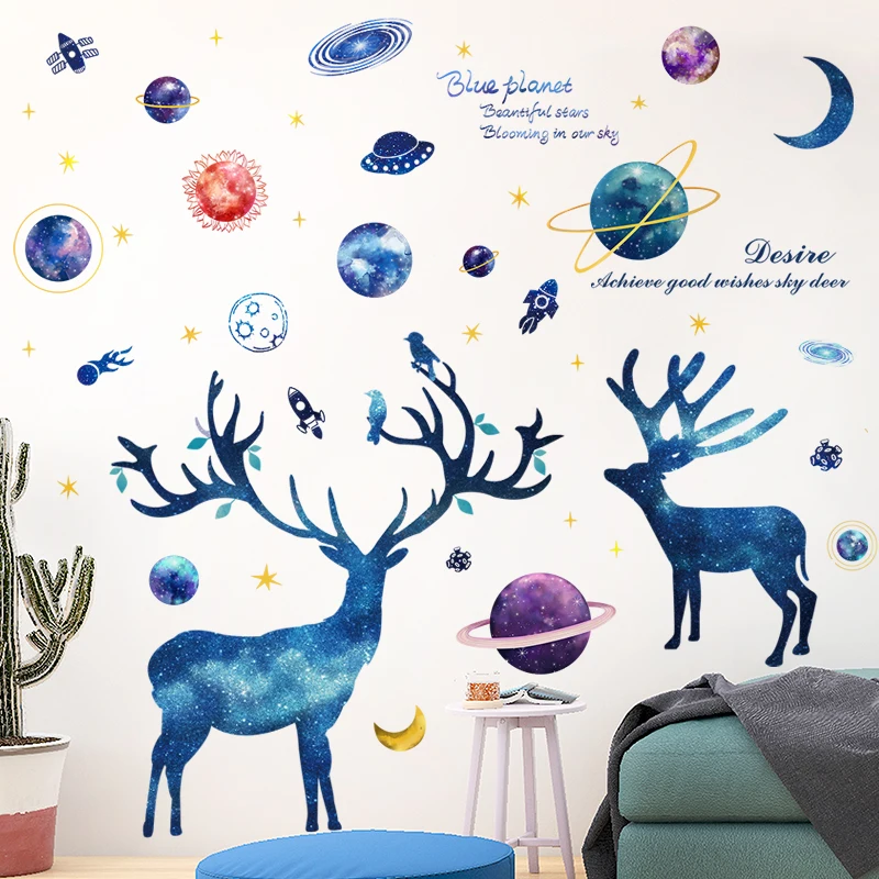 

Outer Space Planets Wall Stickers DIY Cartoon Deer Animal Wall Decals for Kids Rooms Baby Bedroom Kindergarten Home Decoration