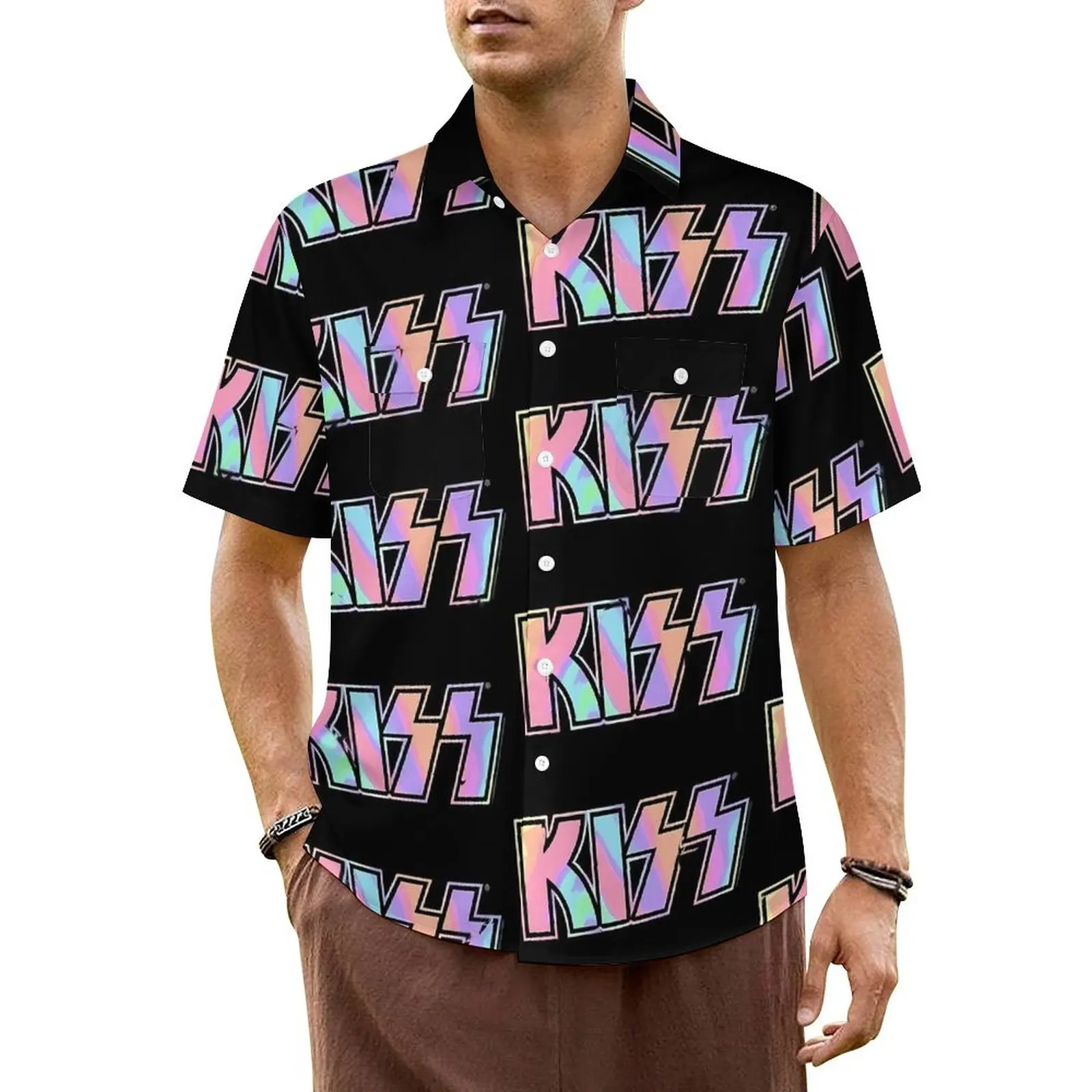 

Summer Shirt Vacation Kiss Band Logo Blouses Pastel Tie Dye Cool Casual Shirts Men Short Sleeve Y2K Street Plus Size Clothing