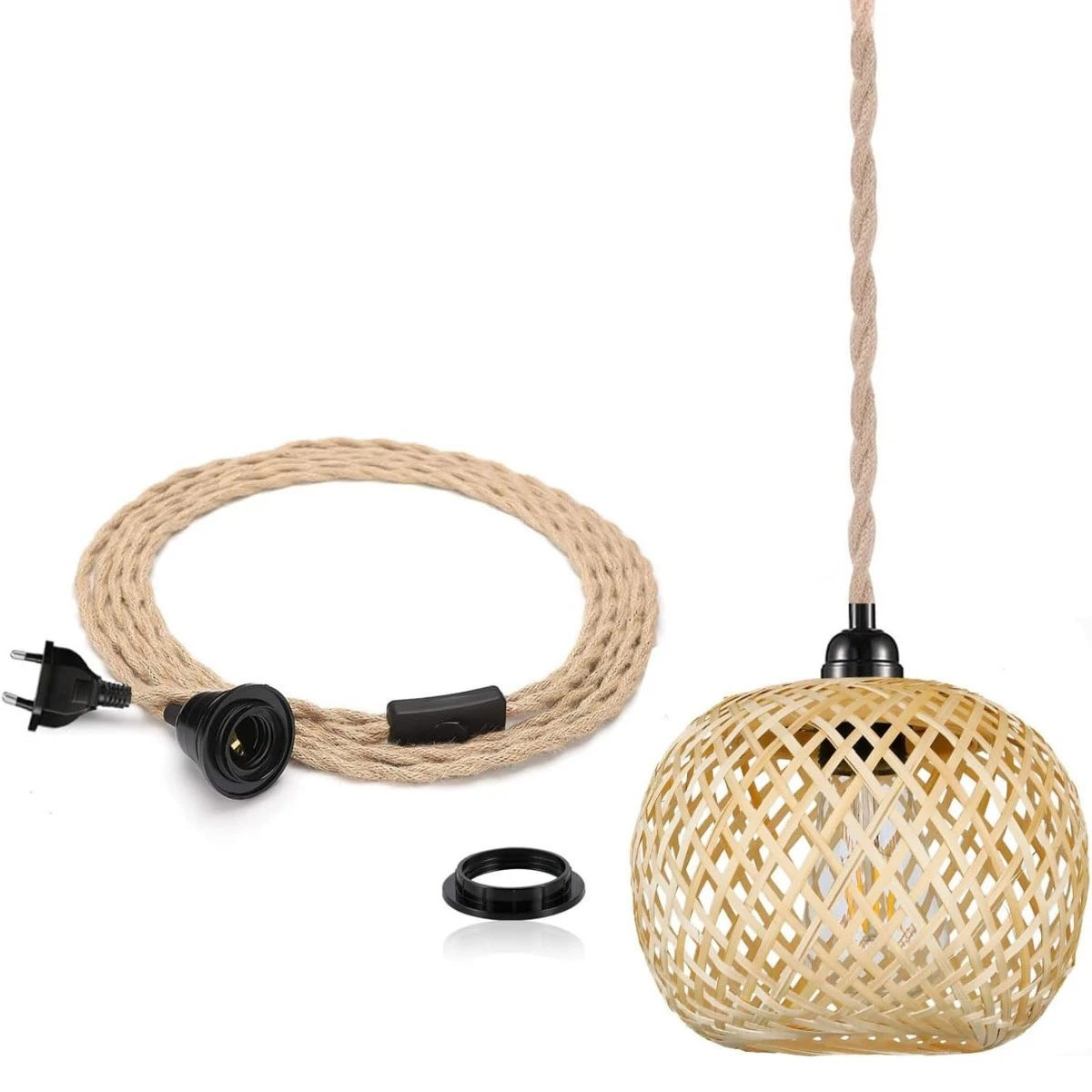 Bamboo Pendant Lamp with Plug&4.5m Cable- Boho Chandelier Rattan Bamboo Lampshade Ceiling Light for Bedroom Hallway Dining Table