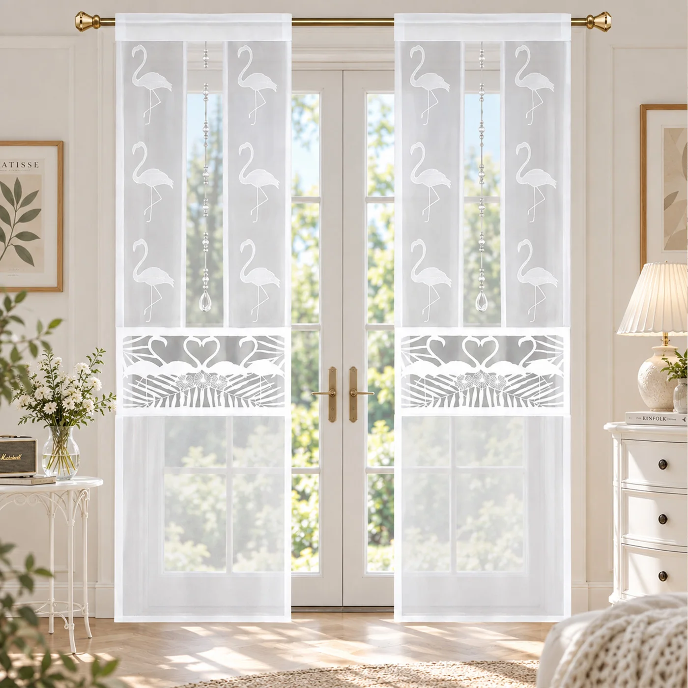 1 Stück weißer, transparenter Vorhang mit Flamingo-Motiv, tropischer Voile-Fenstervorhang, halbtransparentes, lichtdurchlässiges Paneel mit Stangenhalterung, modernes Wohnaccessoire für Schlafzimmer,