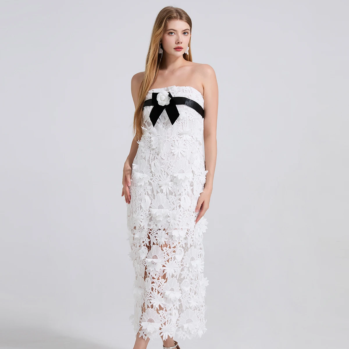 Heavy Industry Lace Three-dimensional Flower Embroidery Strapless Long Dress Summer 2025 Women's Black and White Bag Hip Skirt