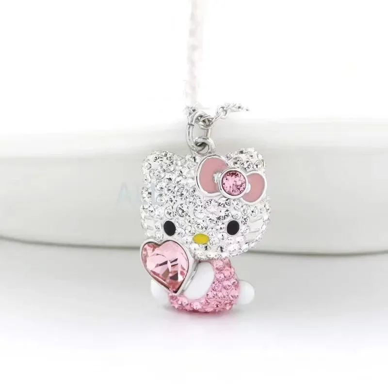 Sanrio Hello Kitty Kawaii Ketting voor Meisjes Anime Diamant Roze Hart Hanger Mode Sleutelbeen Keten Sieraden Cadeau