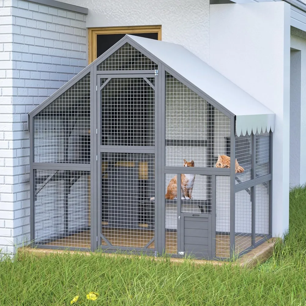 

28ft² Large Outdoor Cat House, Luxury Wooden Walk-in Catio Enclosure with 2 Doors & 2 Hiding Houses, Escape-Proof Locks + Waterp
