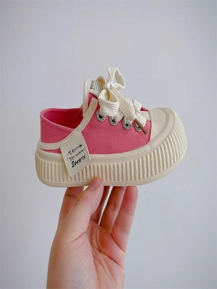 2024 Spring Autumn New Boys' Soft Sole Comfortable Sports Casual Shoes Black Pink Fashion Girls' Thick Base Canvas Shoes 26-37