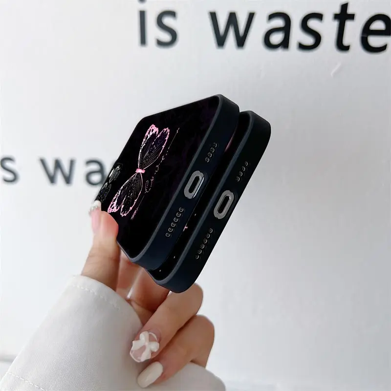 Butterfly Love Black Phone Case for iPhone 11 15 16 Pro Max Case Coque 14 Plus 13 Pro 12 11 XS 16 8 SE 2020 15Pro TPU Soft Cover