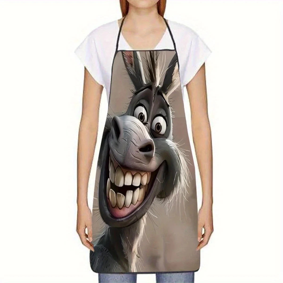 1pc Smiling Animated Donkey Character Printed Sleeveless Polyester Apron for Home Kitchen Baking Work