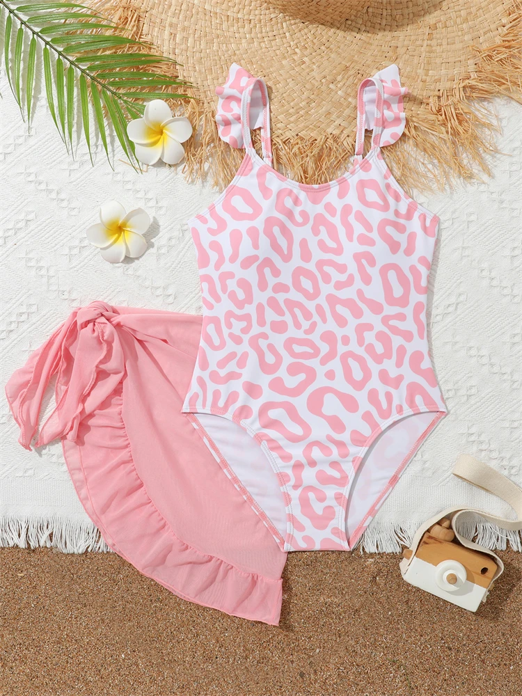 Bikini Girls Kids Swimsuit 2024 New Leopard Ruffle Sling Bodysuit Children Swimwear Summer Two Piece Beach Bathing Suit Swimming