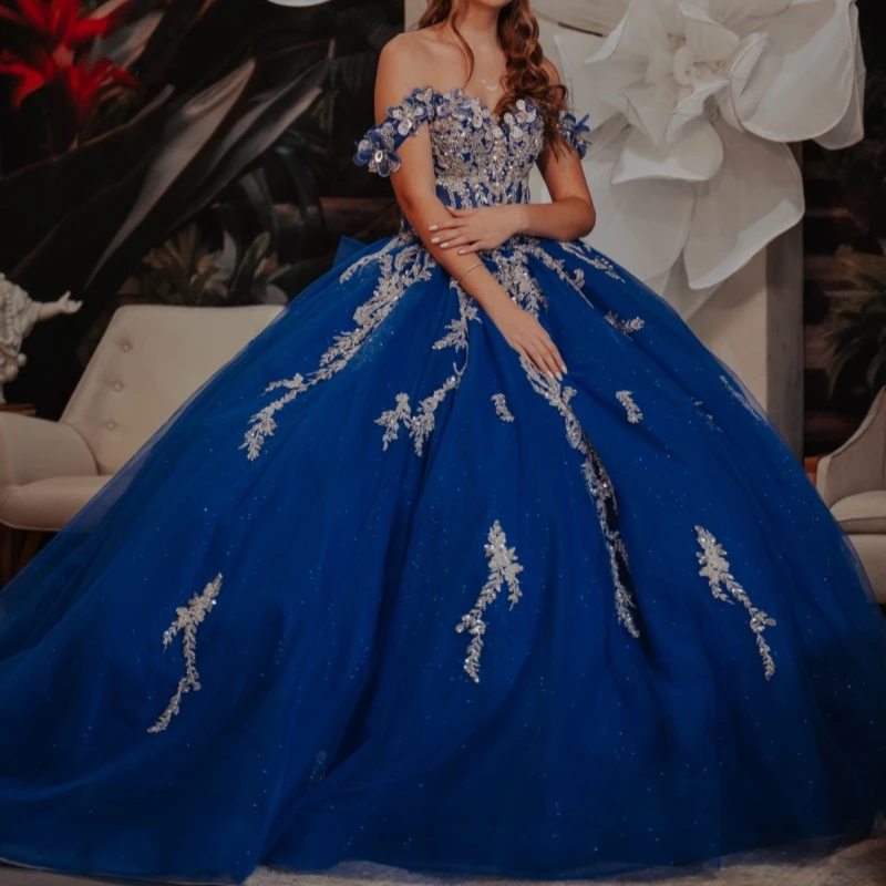 

Royal Blue Shiny Quinceanera Dresses Off The Shoulder Sequin Applique Lace Beading Crystal Bow Tull Corset Party Birthday Sweet