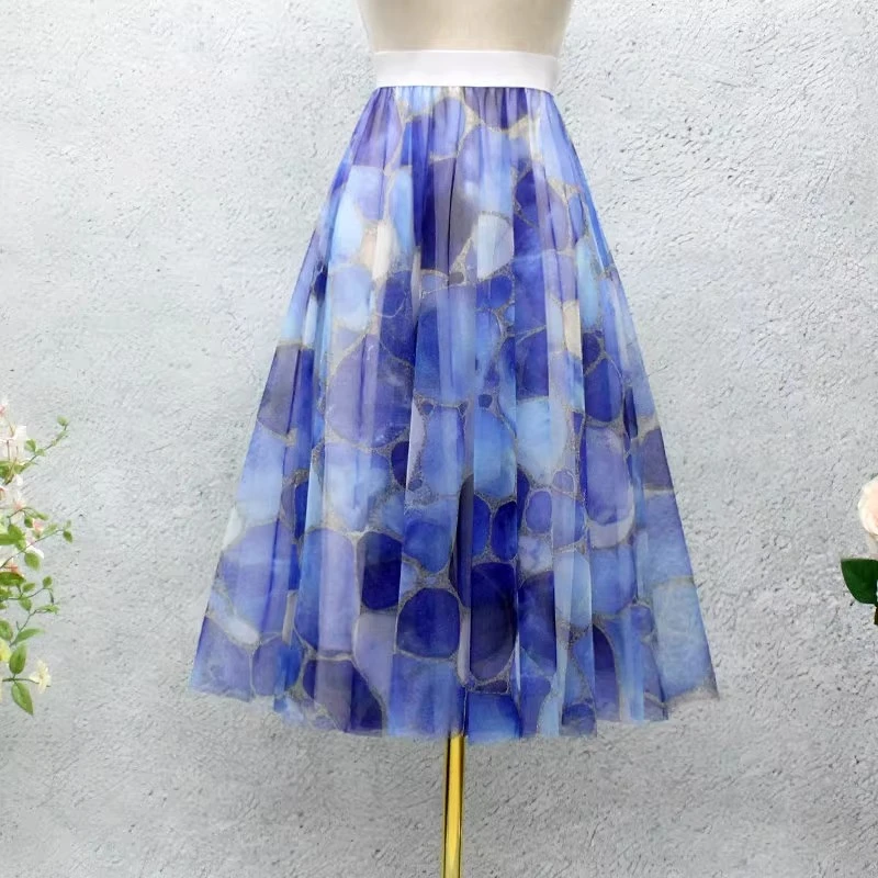 

Весенне-осенняя новая женская юбка средней длины, модная сетчатая юбка трапециевидной формы с принтом и эластичной резинкой на талии