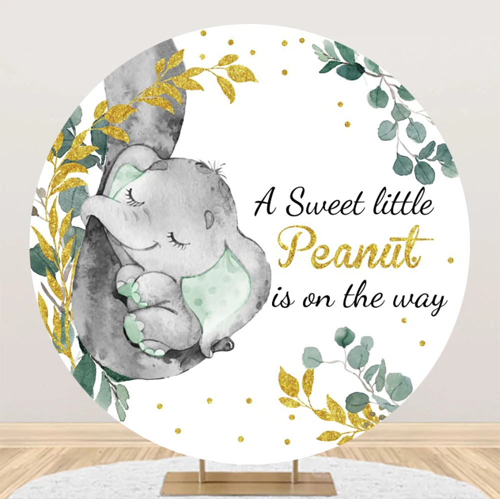 A Sweet Little Peanut Cartoon Elephant Newborn Baby Shower Round Background Photography Custom Text Kids Birthday Party Backdrop