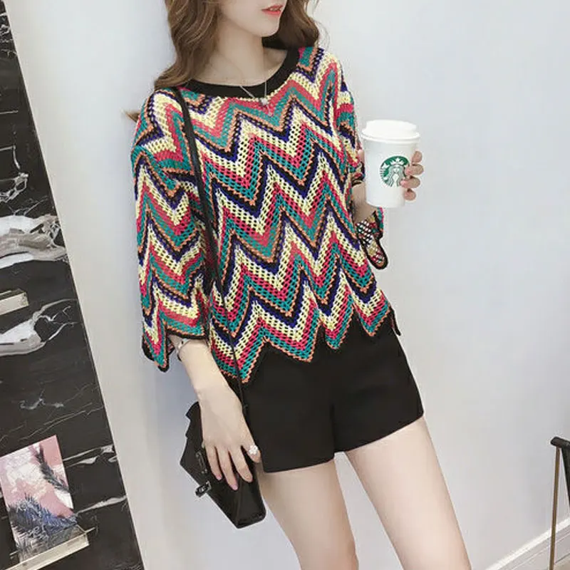 Vintage Zigzag Contrasting Colors Knitted T-shirt Casual Round Neck Spring Summer Women's Clothing Fashion Hollow Out Pullovers