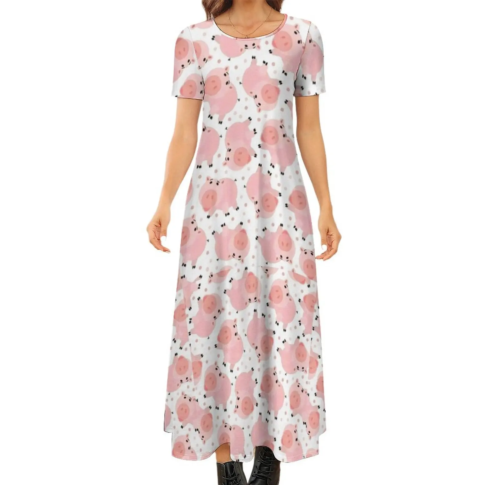 

Pig pink lovely pattern Round Neck Short Sleeve Dress luxury dresses Woman dresses Summer skirt