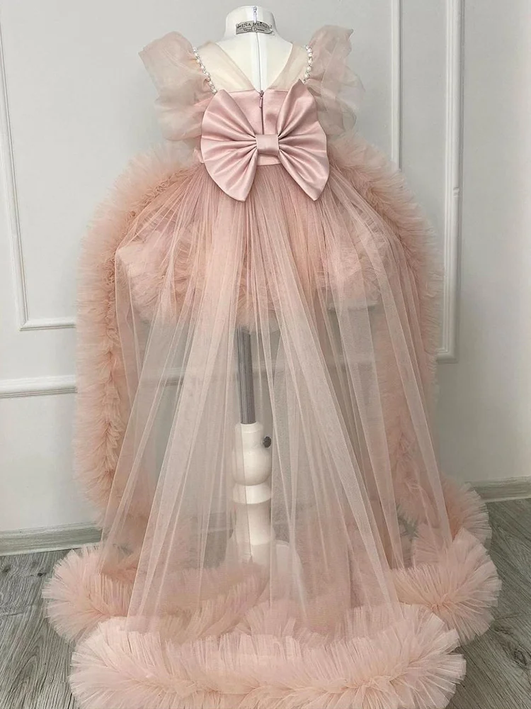 

Flower Girl Dress For Wedding Tulle Puffy Pearls Sleeveless Elegant Princess Child's First Eucharistic Birthday Party Dress