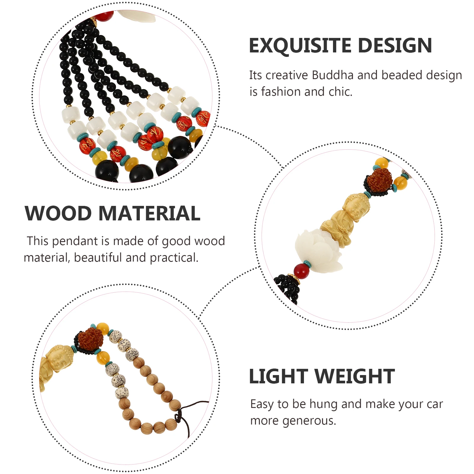 

Exquisite Wooden Buddha Pendant Car Hanging Decor Creative Retro Keychain Auto Accessories Chic Home Ornament Beaded Chain Light