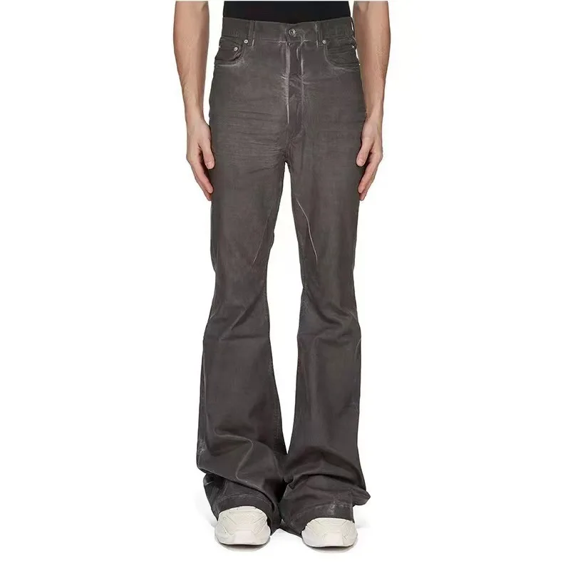 Rick RO Dark Style Washed Fabric Hand-Woven Dusty Gray Elastic Floor Brushing Casual Micro-Flared Tight-Fitting Slimming Jeans