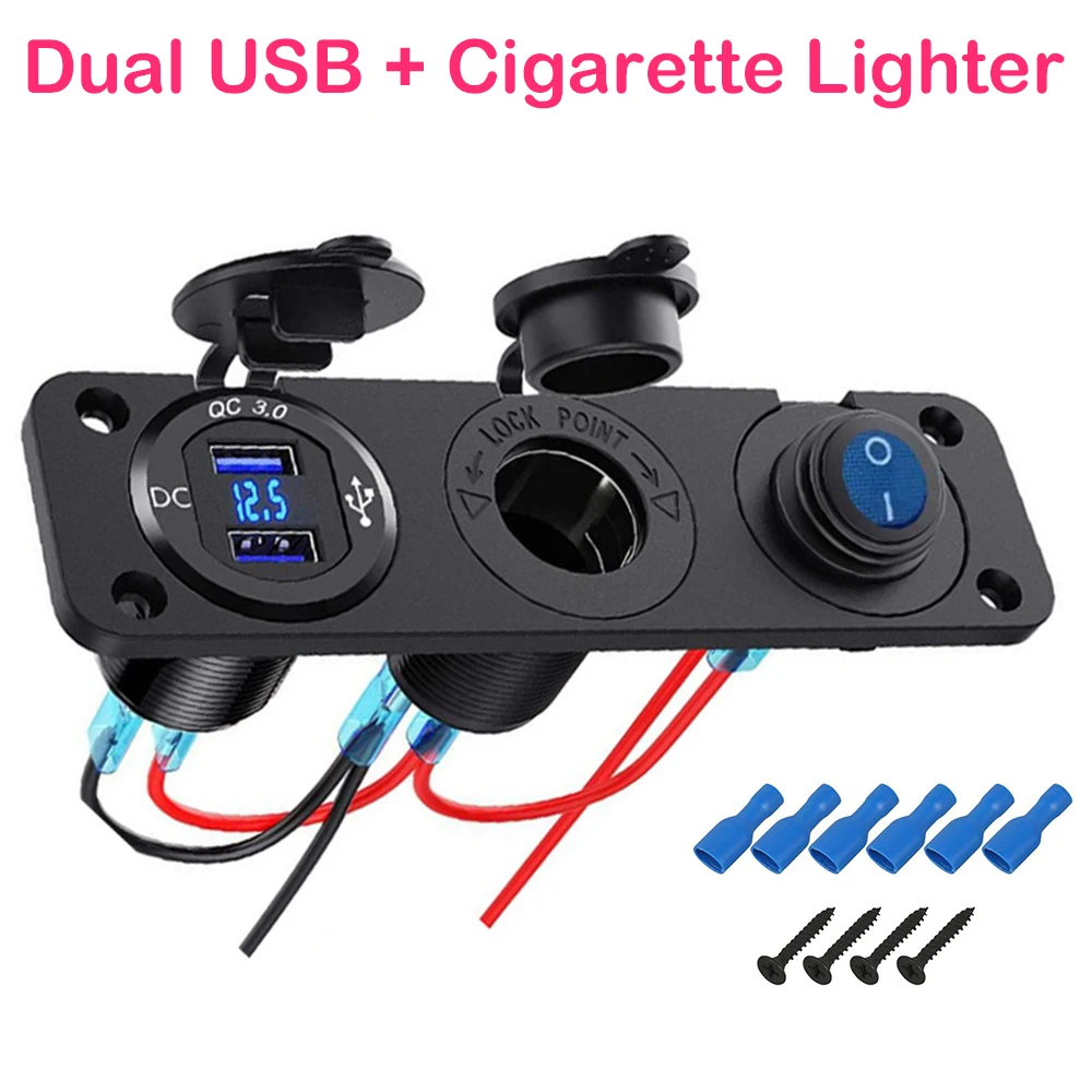 12V Car Charger USB Cigarette Lighter Switch Panel Three-in-one Combination Panel for Car Ship Waterproof Socket Multi-Functiona