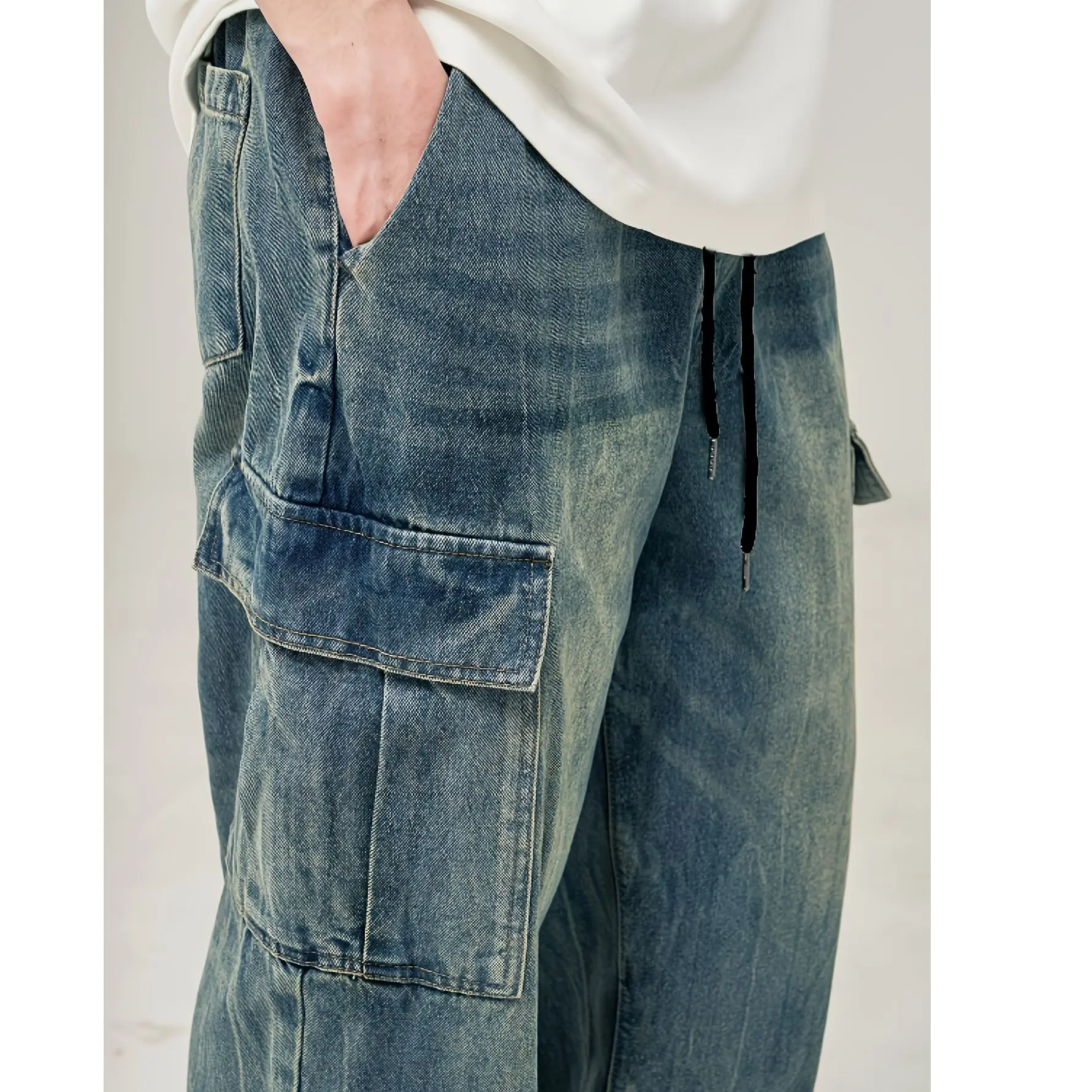 جينز أوروبي وأمريكي بالإضافة إلى ملابس العمل غير الرسمية والعصرية للرجال، سروال فضفاض مستقيم الساق شبابي وعصري واسع الساق