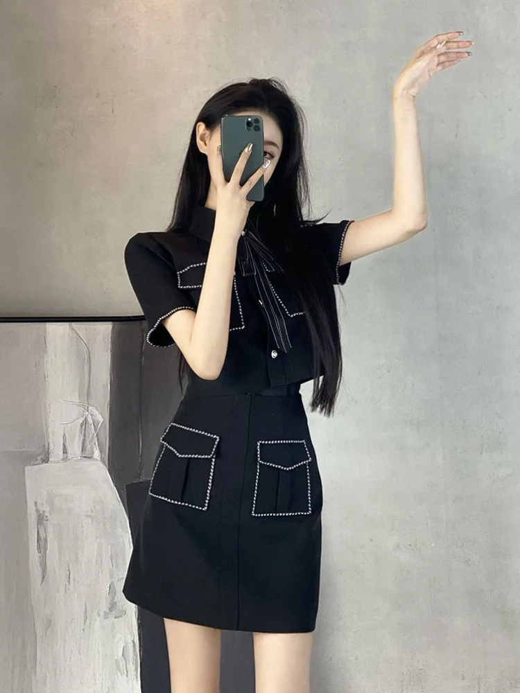 

Female Outfits Black Chic and Elegant Top Bottom Y2k Streetwear Vintage Casual Full Little Fragrance Women's Two Skirt Piece Set