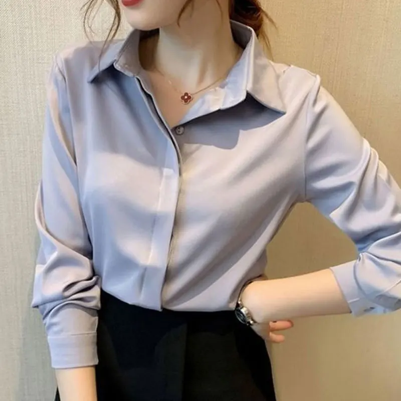 Women Clothing Office Lady Buttons Solid Color Turn-down Collar Long Sleeve Blouse Autumn Business Casual Cardigan Shirts Femme