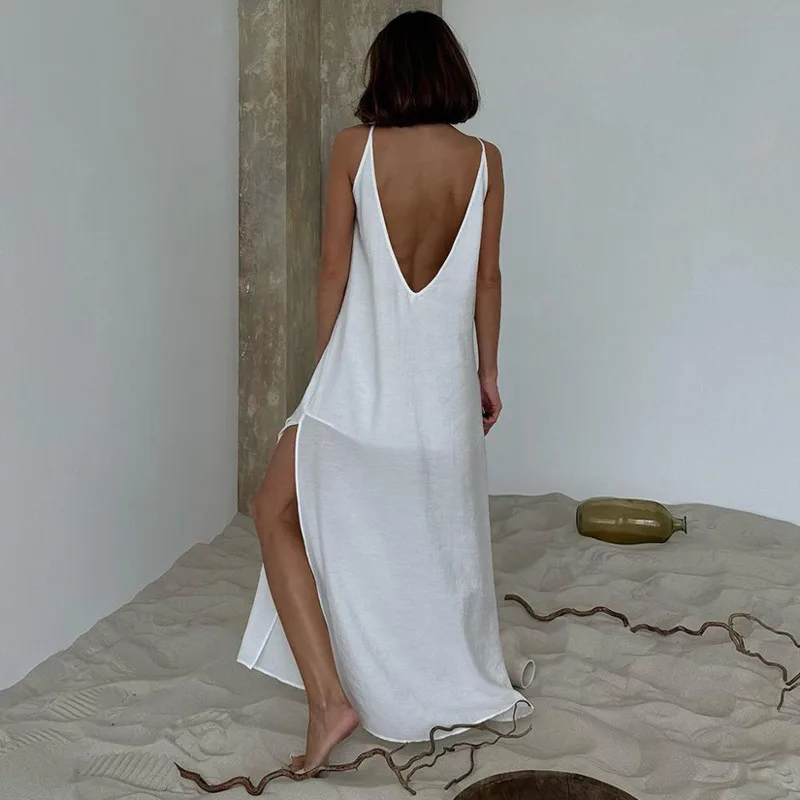 แขนกุดลําลองชุดยาวสีขาวBackless Beachสไตล์ฤดูร้อนชุดVคอElegant Lady MaxiชุดHollowเซ็กซี่ชุดสําหรับสตรี