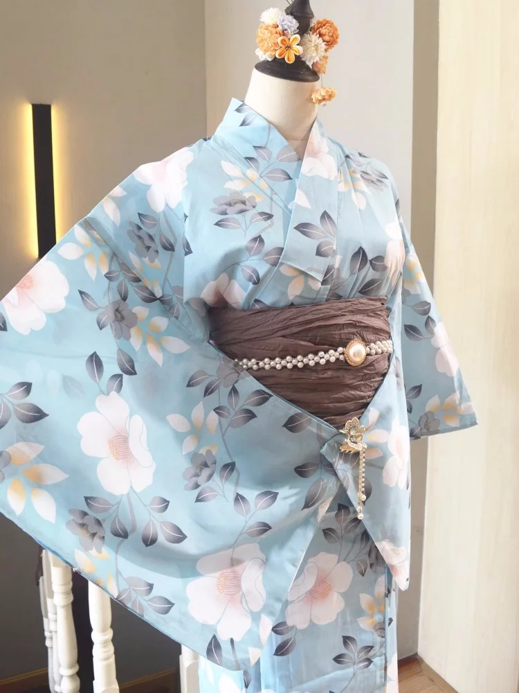 Women Japanese Traditional Kimono Cotton Floral Prints Yukata Vintage Photography Long Dress Cosplay Costume