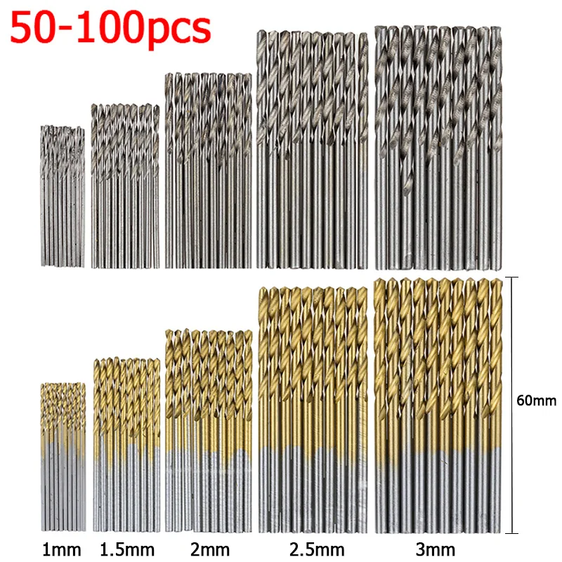 

50-100pcs Twist Drill 1.0/1.5/2.0/2.5/3.0/3.2mm Titanium Coated HSS Bearing Steel Drill Woodworking Hand Tools Drill Bit Set