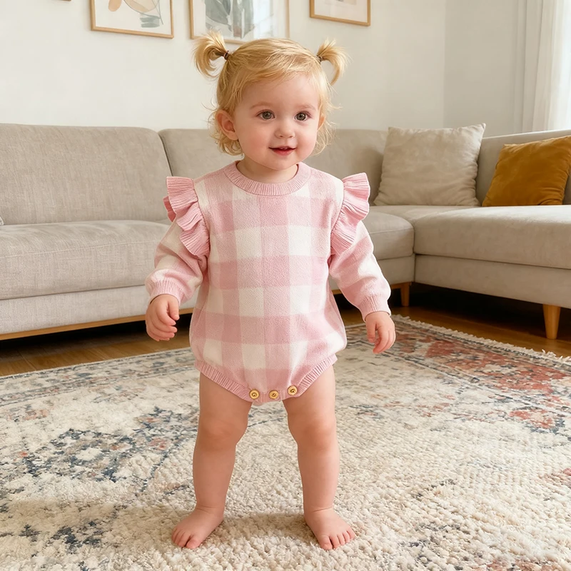 

New Spring Autumn Baby Knitted Romper Baby Girl 0-24M Romper Long Sleeve Newborn Checker Flying Sleeves Clothes Infant Jumpsuits