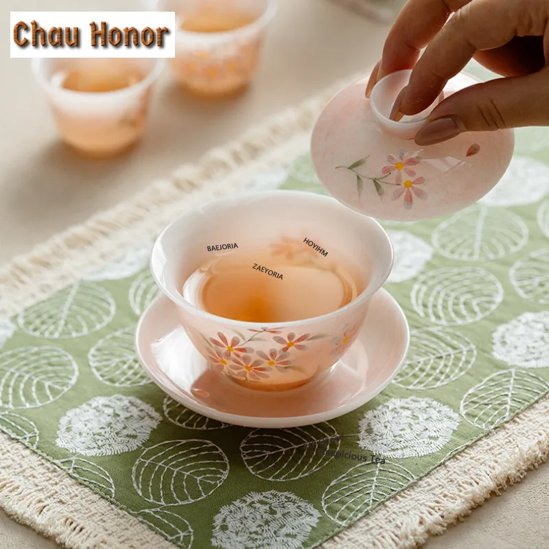 ZAEYORIA 120ml Ice Crystal Porcelain Pink Daisy Gaiwan Traditional Tea Tureen Tea Bowl With Lid Kit Tea Maker Cover Bowl Cafes