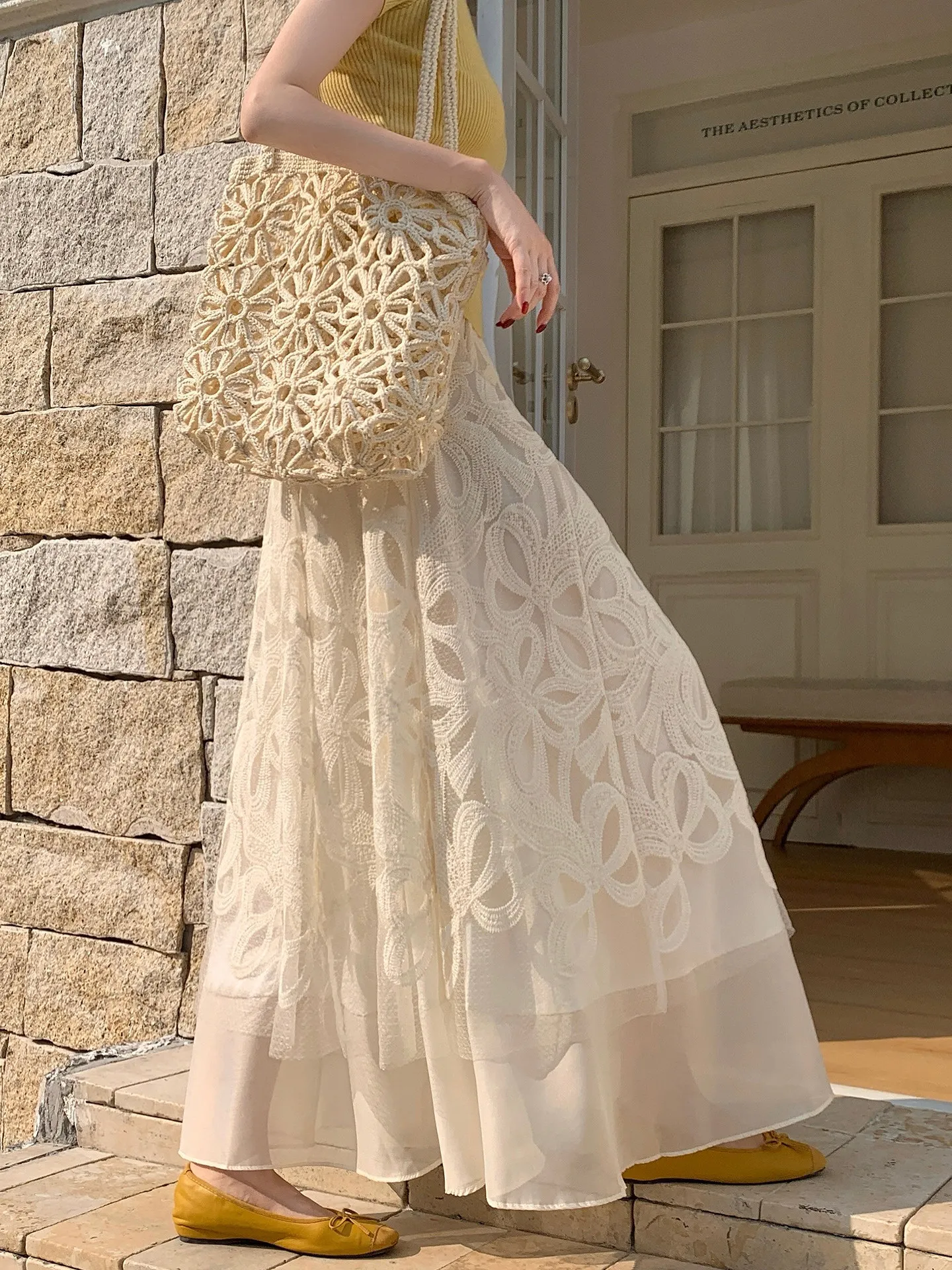 Spring Fall Women High Waisted Stretchy Black Beige Lace Patchwork Chiffon Skirt , Woman Embroidery Mesh Long Skirts