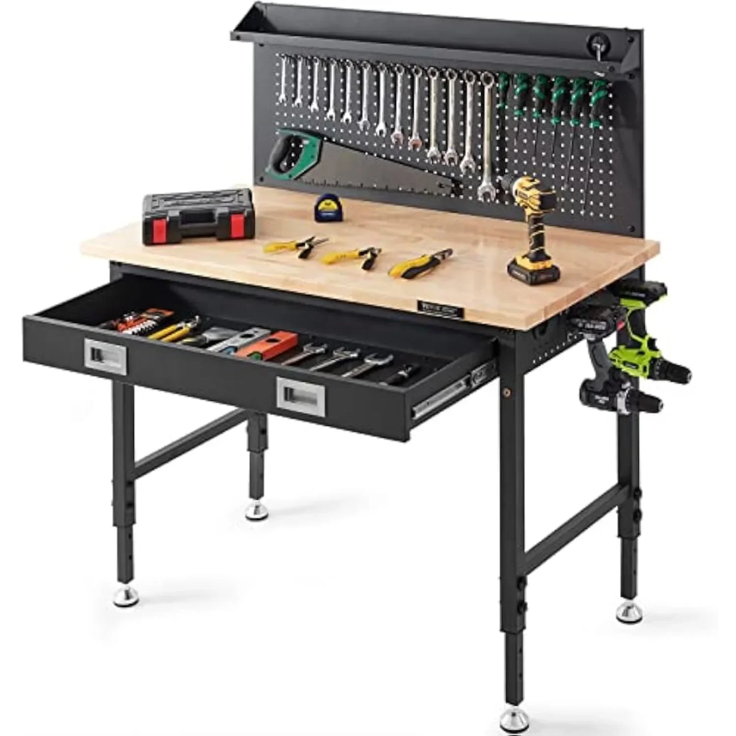 

Height 28-39.5" Work Bench for Garage Oak Plank & Carbon Steel Heavy Duty Workbench 2000lbs Weight Capacity Bench top Size 48x24