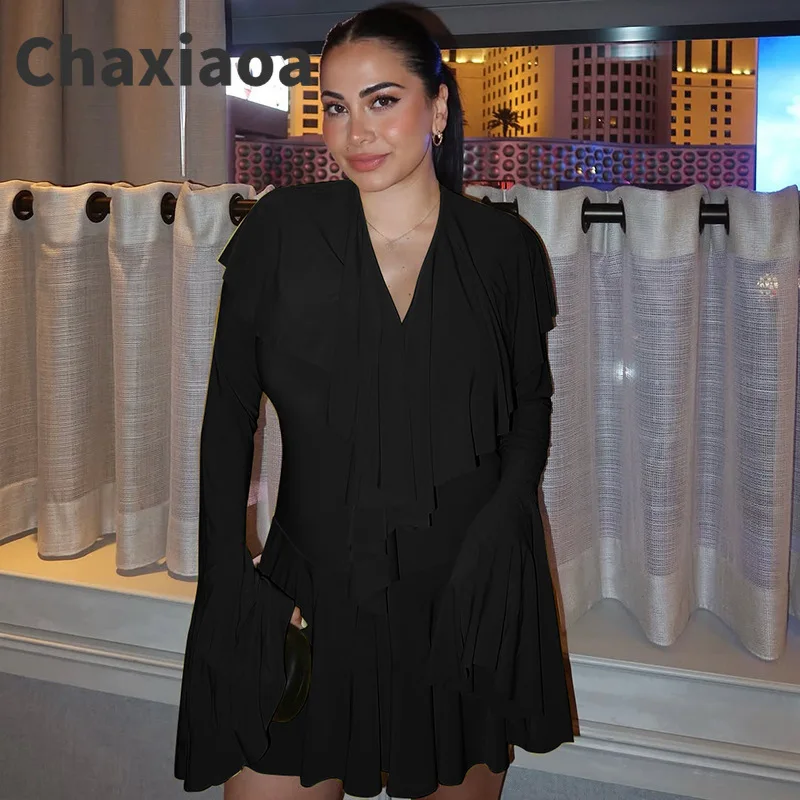 Chaxiaoa كشكش Bodycon فستان قصير مثير الخريف أزياء عميق الخامس قطع مضيئة كم عارضة فساتين السهرة حزب أسود براون