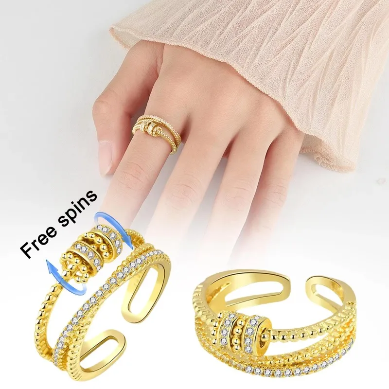 Huaya Women's Brass Rotatable Reduce Anxiety Creative Rings Delicate Shining Bead Open Ring Ladys Dazzling Jewelry Accessories