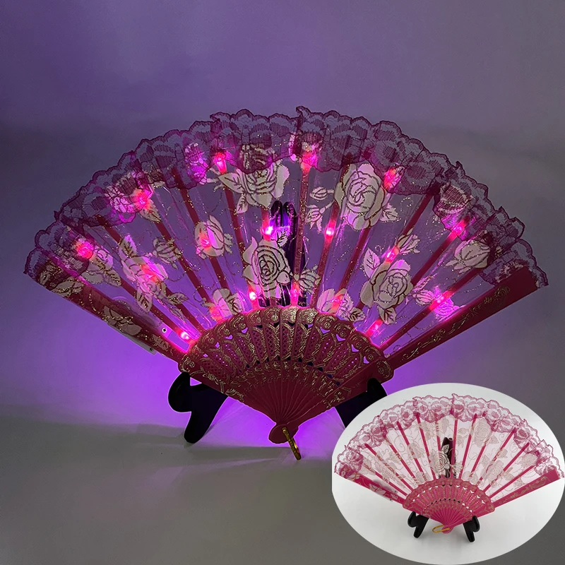 4 Colors For Choice Rose Lace Hand Fans Performance Costumes Accessory Props Girls Ladies Stage Dance Props Glow Fan