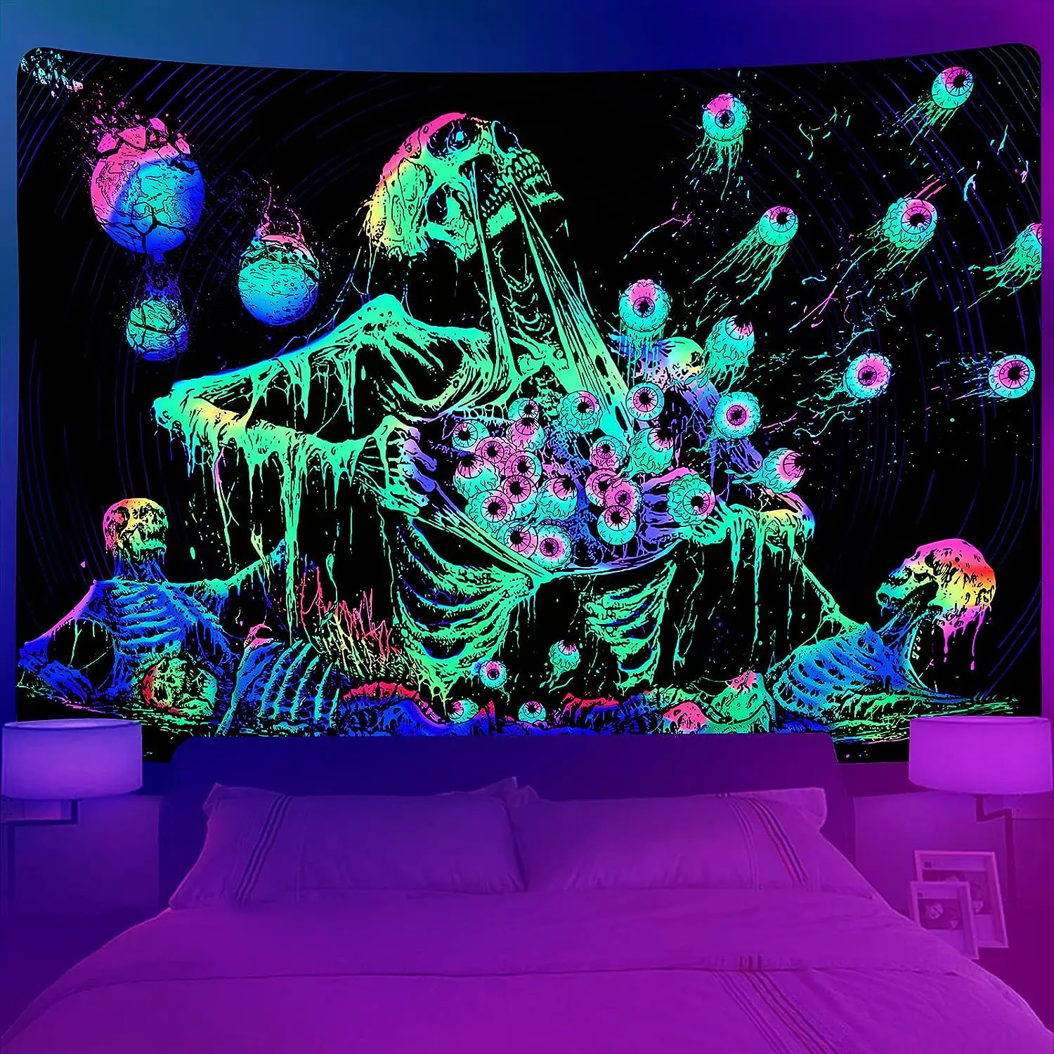 

Black light skull tapestry creepy Gothic skull tapestry UV response psychedelic aesthetic tapestry glows in the dark