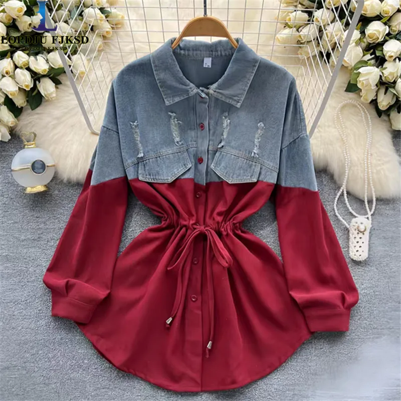 

Однобортные ковбойские куртки для женщин, джинсовые пальто с регулируемой талией, сращенные, женская одежда, весна, осень, новинка, 2025