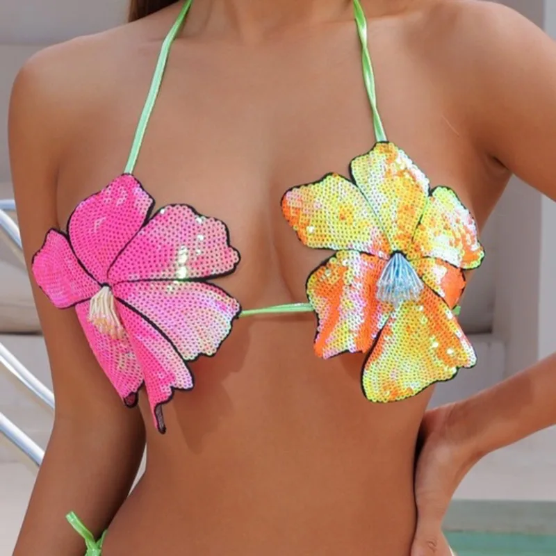 Conjunto de Bikini de flores con estampado de lentejuelas, traje de baño Sexy con cuello colgante de Color contrastante, bañador de vacaciones en la