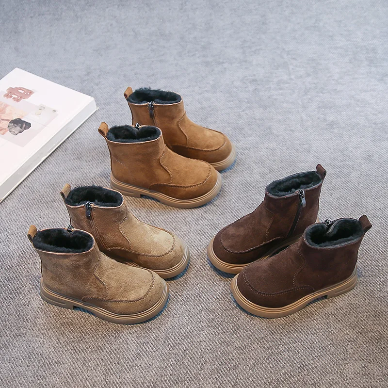 

Новые детские модные ботинки, зимние нескользящие кожаные ботинки для девочек, однотонная модная детская обувь в стиле ретро с боковой молнией для девочек