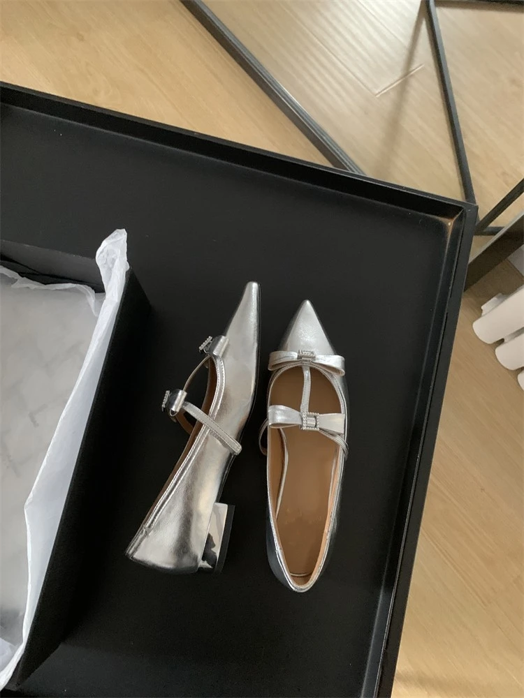 النساء مضخات ماري جينس أشار تو جلد طبيعي صندل بكعب مكتنز الضحلة Bowknot حذاء مريح مشبك حزام جلد البقر اليومية سيدة