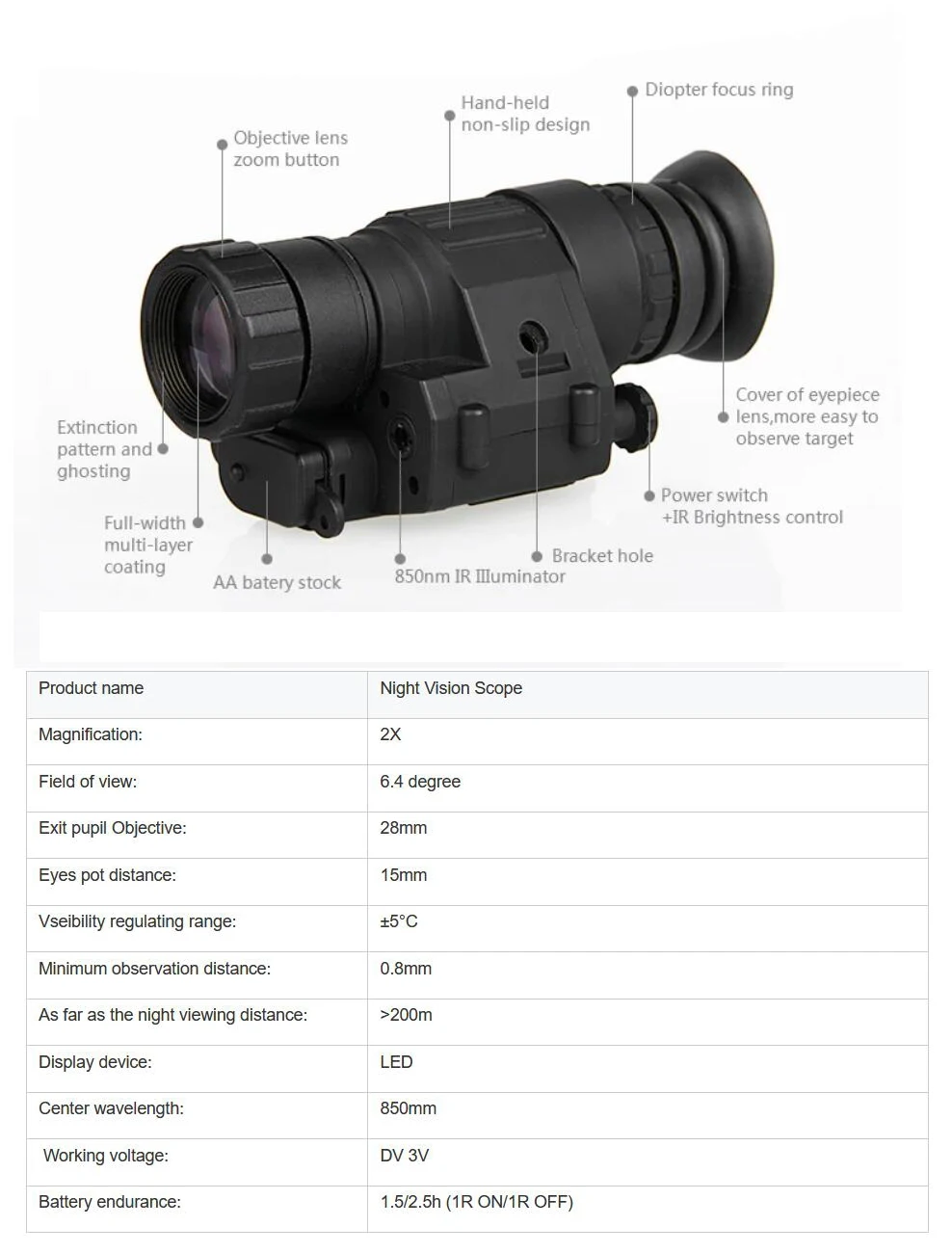 Katasom กล้องมองการมองเห็นได้ในเวลากลางคืน2X30กลางคืนกล้องตาเดียวกล้อง850nm อินฟาเรดสำหรับการล่าสัตว์ในกล้องโทรทรรศน์มืด