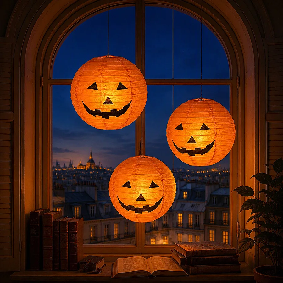 6 Stück Halloween-Party-Kürbis-Papierlaternen für Haus, Garten, Innen- und Außendekoration, hängende Ornamente, Horror-Requisiten ohne LED – Detail 1